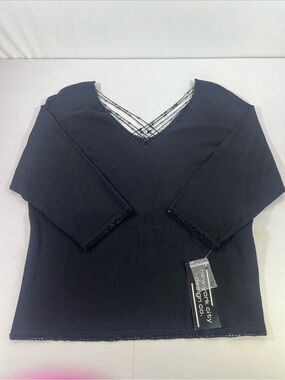 New York And Company Black V-neck 3/4 Sleeve Blouse Womens 3X Collared Top Bead